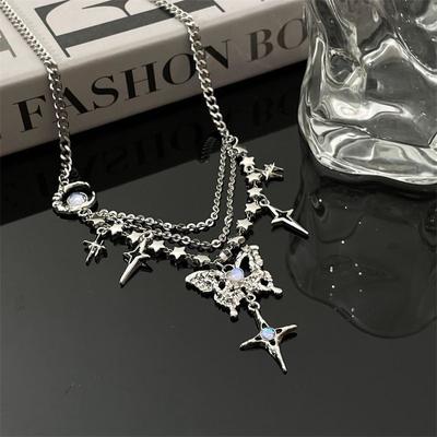 Moonstone Cross Star Pendant Necklace Butterfly Collarbone Chain Women's Small Versatile Temperament Necklace Sweater Chain