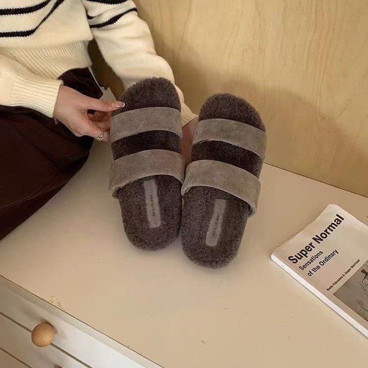 Cowhide Version~ One-word with Fluffy Slippers for Women To Wear 2025 Autumn Retro Evening Breeze Thick-bottomed Versatile Lamb Wool Mop