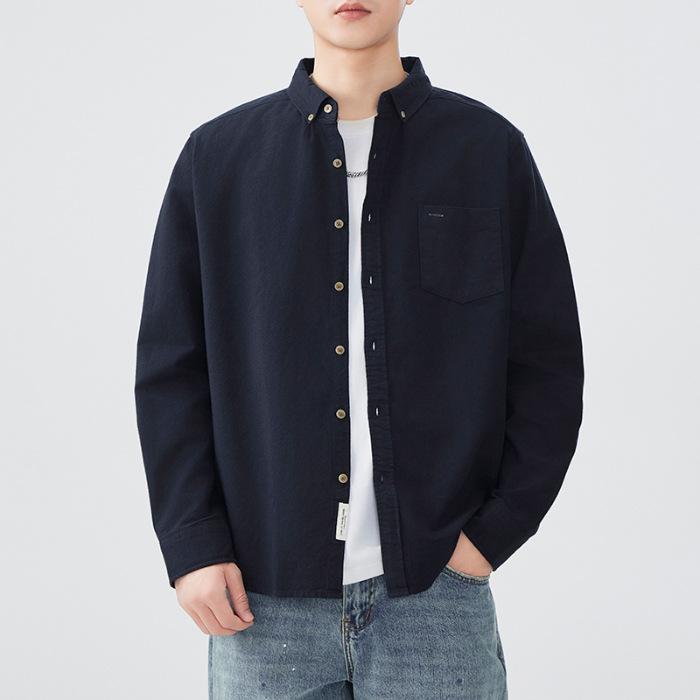 Light Business Japanese Retro Spring Men Pure Cotton Fur Long Sleeve Shirt American Work Shirt