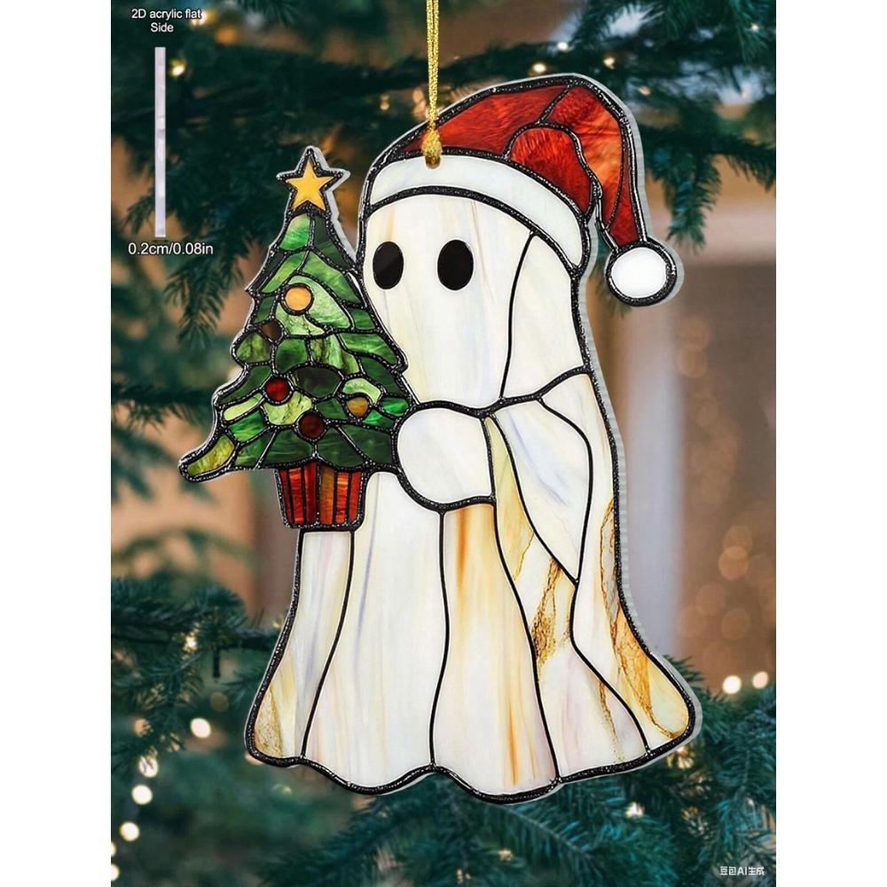 1pc Acrylic Christmas Ghost Sun Catcher, Santa Hat&Christmas Tree Hanging Ornament, Window Decor Pendant