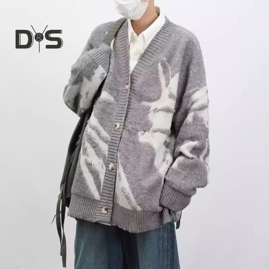 Men Cardigan Sweater Retro American Style V Neck Loose Single-breasted Contrast Color Knitted Sweater Coat Hip Hop Style Streetwear Jacket