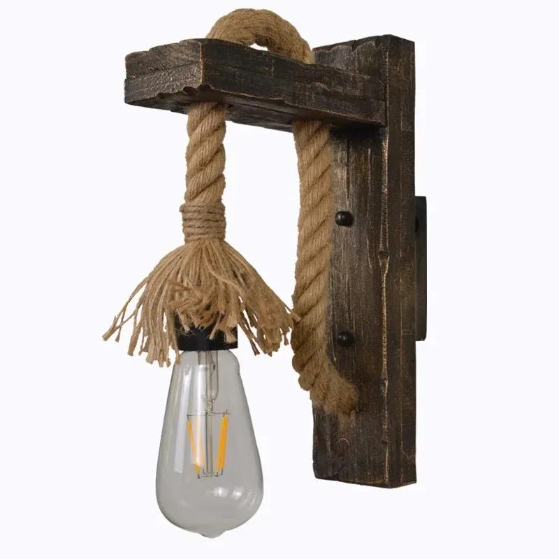 Retro Natural Wood Hemp Rope Wall Light Retro Industrial Wall Pendant Lamp for Bar Bedside Restaurant Bedroom Coffee American