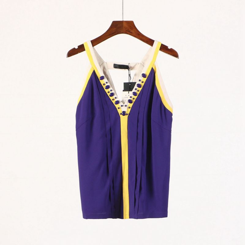 

[Yellow] Fashion Classy Designer Trendy Women s Clothing Summer Casual Chiffon Beaded V-neck Camisole 0v300 Royal Blue S/155/80A