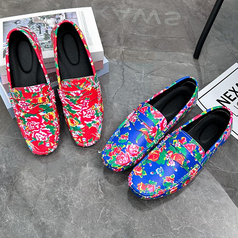 Men’s Moccasins Driving Shoes Comfort Leather Flats Casual Slip-ons Plus Size Flower Print Shoes for Men