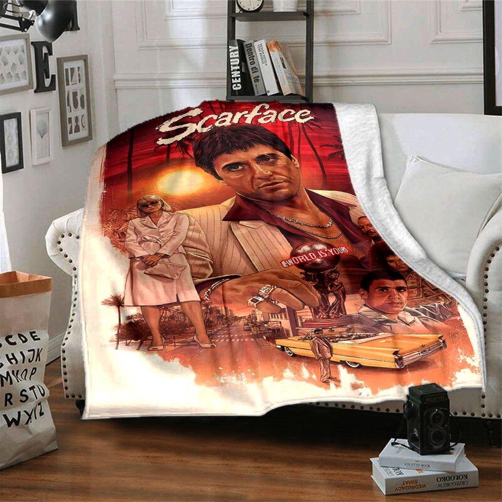 1pc Scarface-Inspired Flannel Blanket - Soft Cozy All-Season Throw for Bedroom, Sofa, Camping, Travel - Perfect Gift for Movie FansB75