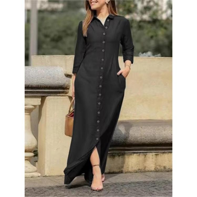 Abito Camicia Denim Casual da Donna Manica Lunga Abbottonato Colletto con Patta Taschino Gonna Lunga Confortevole Nuova Moda Autunno