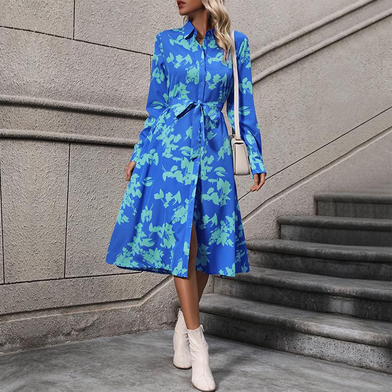 European And American Women'S Clothing Long-Sleeved Lapel Print Shirt Dress