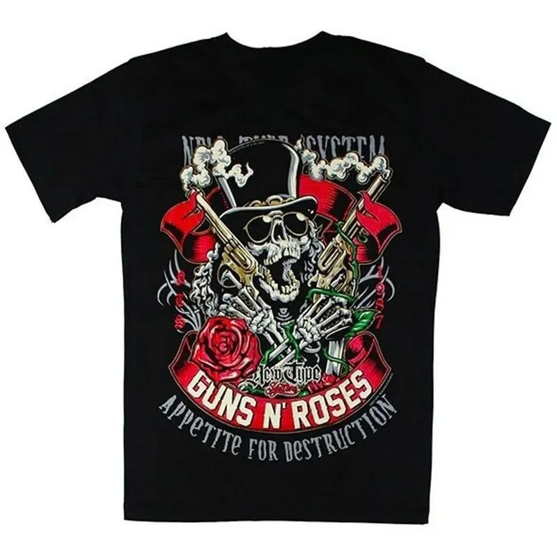 Schwarzes Kurzarm-T-Shirt im Guns N' Roses-Design mit Totenkopf-Zylinder und Revolver-Grafik für Rockmusik-Fans