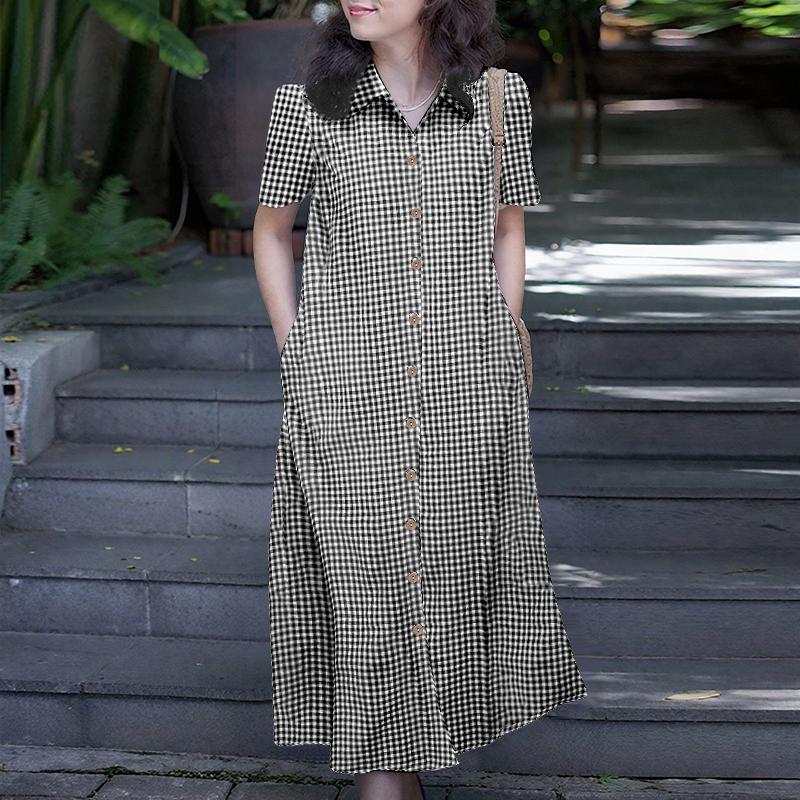 

ZANZEA Женское повседневное платье с отложным воротником, коротким рукавом и принтом в клетку S