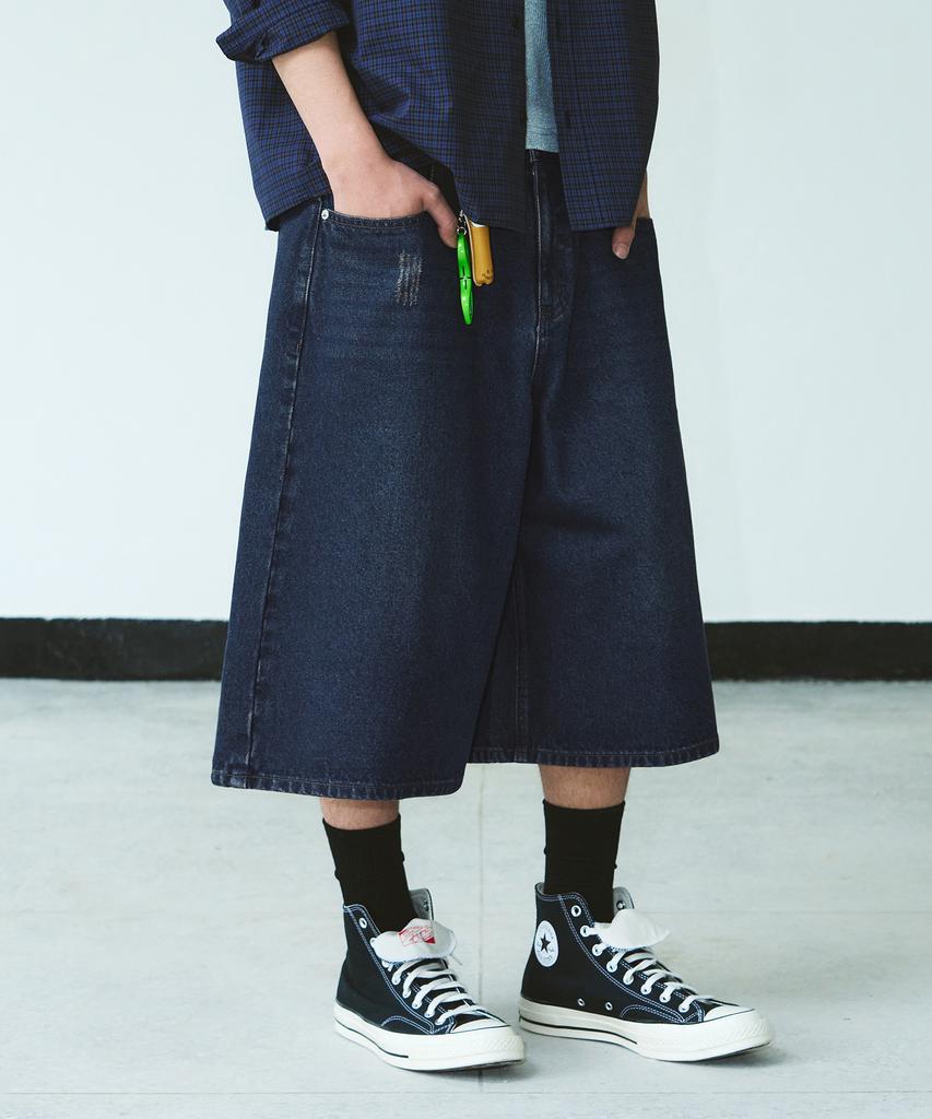 Awodeijeu Symbol Stitch Bermuda Denim Pants [Dark Blue]
