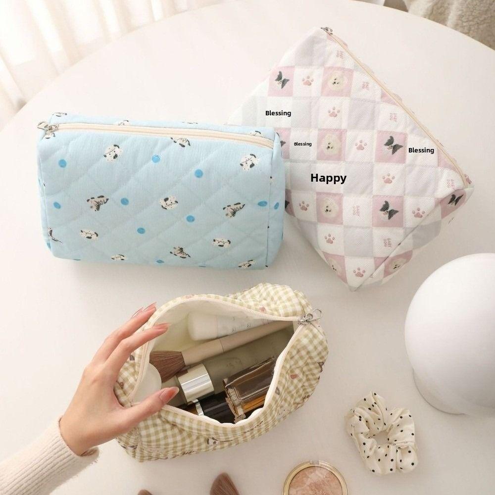 Portable Corduroy Quilted Makeup Bag Large Capacity Multi-Purpose Cosmetic Organizer Coin Purse