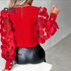 Fall Spring Women Shirt See Through Mesh Solid Color Round Neck Flower Decor Long Sleeve OL Commute Style Pullover Elegant Women Blouse
