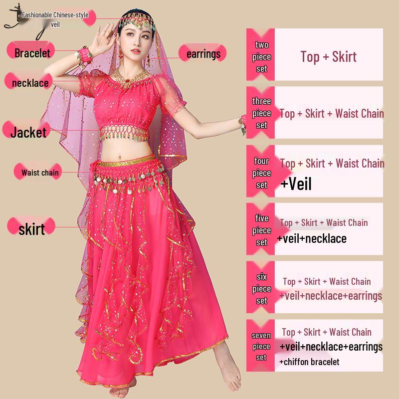 2025 Damen Ethnisches Xinjiang Bauchtanzkostümset - Kurzarm & Langer Rock