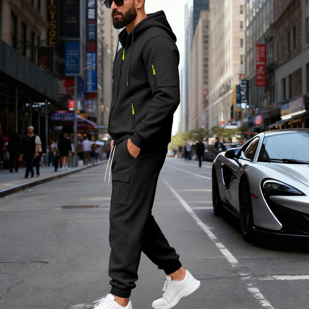 Men's Solid Color Casual Suit Loose Sports Stand Collar Sweatshirt With Pockets Multi Pocket Overalls Suit