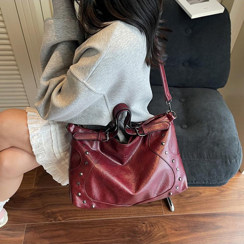 Women's Fashion Y2K Hot Girl Motorcycle Bag Vintage Solid Color Large Capacity Rivet Decor Shoulder Crossbody Bag CLE