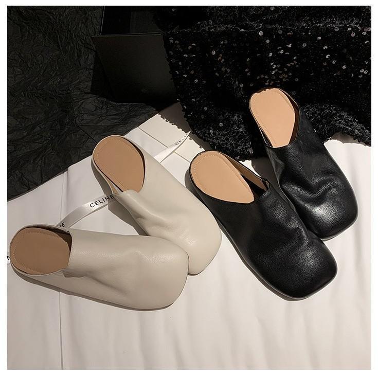 March~ 2025 Summer New Products First Layer Cowhide Flat Bottom Lazy Wind Korean Version Small Slippers Daily Bag Head Half Drag