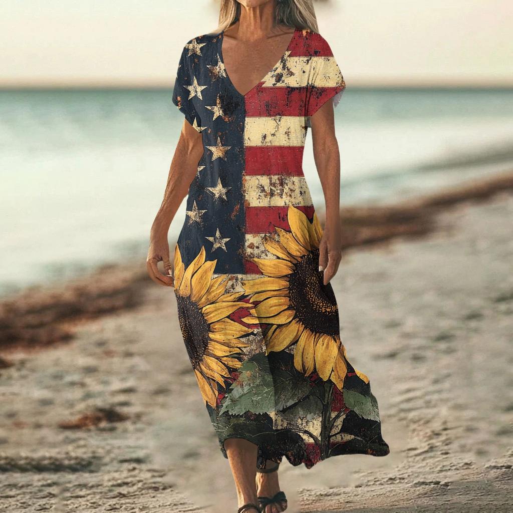Women’s Maxi Dress V Neck Short Sleeve Loose Fit with Star and Stripe Printed Pattern for Casual Summer Wear