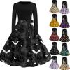 Women's Casual Vintage Halloween Dress Long Sleeve Crew Neck Retro Swing Dress with Spider Web and Bat Print and Waist Tie Belt for Everyday Wear