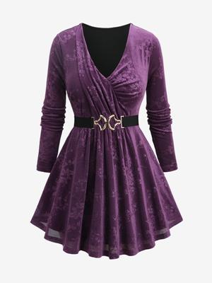 Rosegal Plus Size Floral Embossed Ruched Surplice Long Sleeves Top with Removable Chain Belt