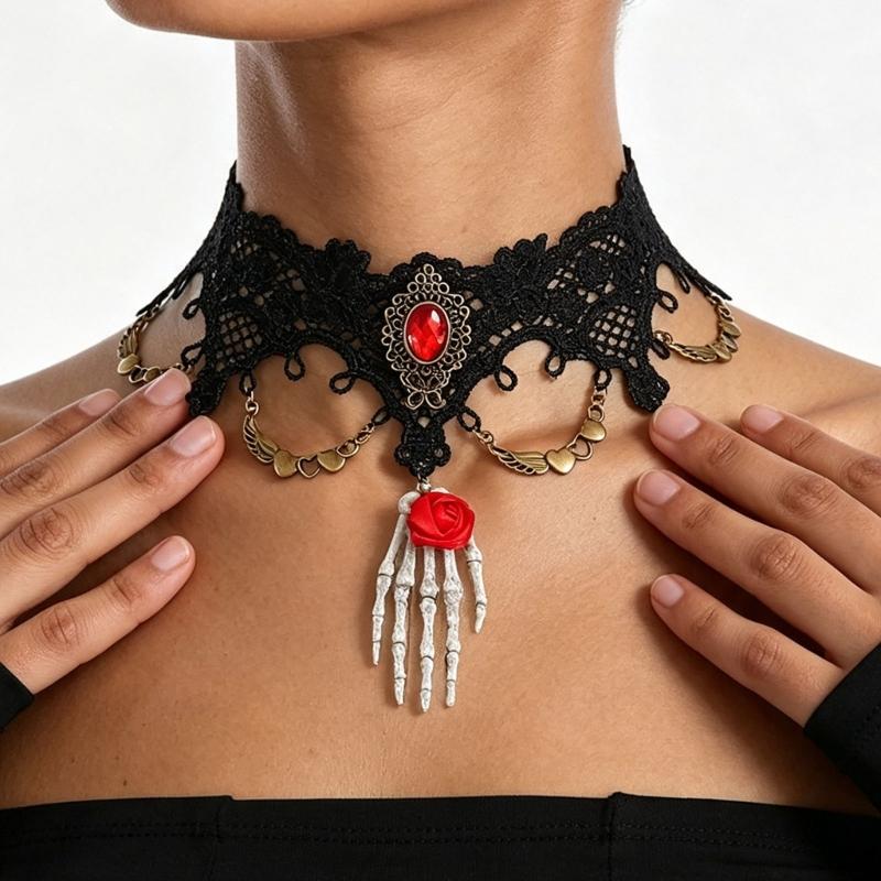 Black Lace Centerpiece Neck Jewelry Set Gothic Statement Accessories for Themed Photo Shoots, Festivals and Halloween Looks