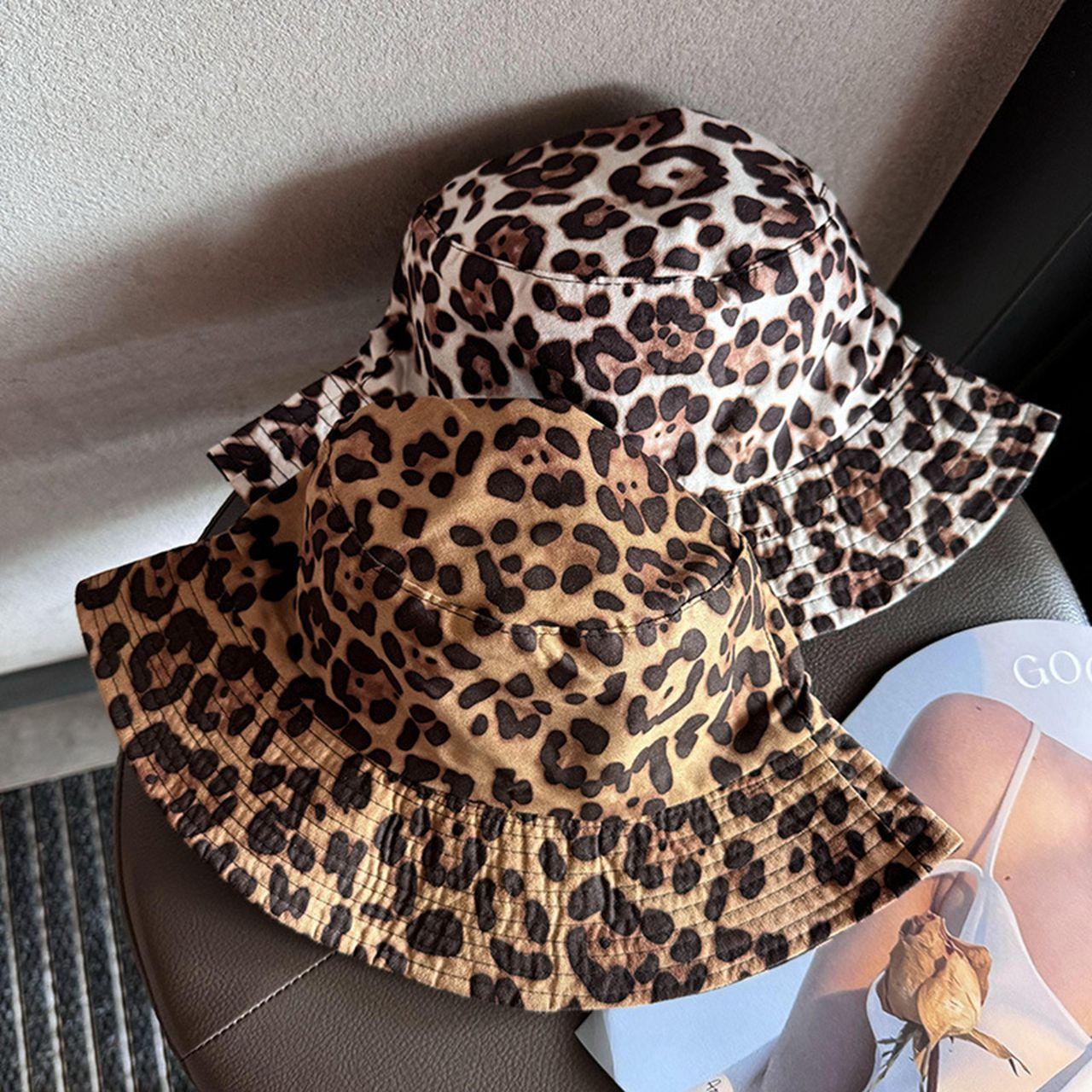 Zealous Sole Women's Coffee Summer Fisherman Hat Fashion Leopard Print Double Sided Bucket Hat Outdoor Sunshade Panama Basin Cap 55-58Cm