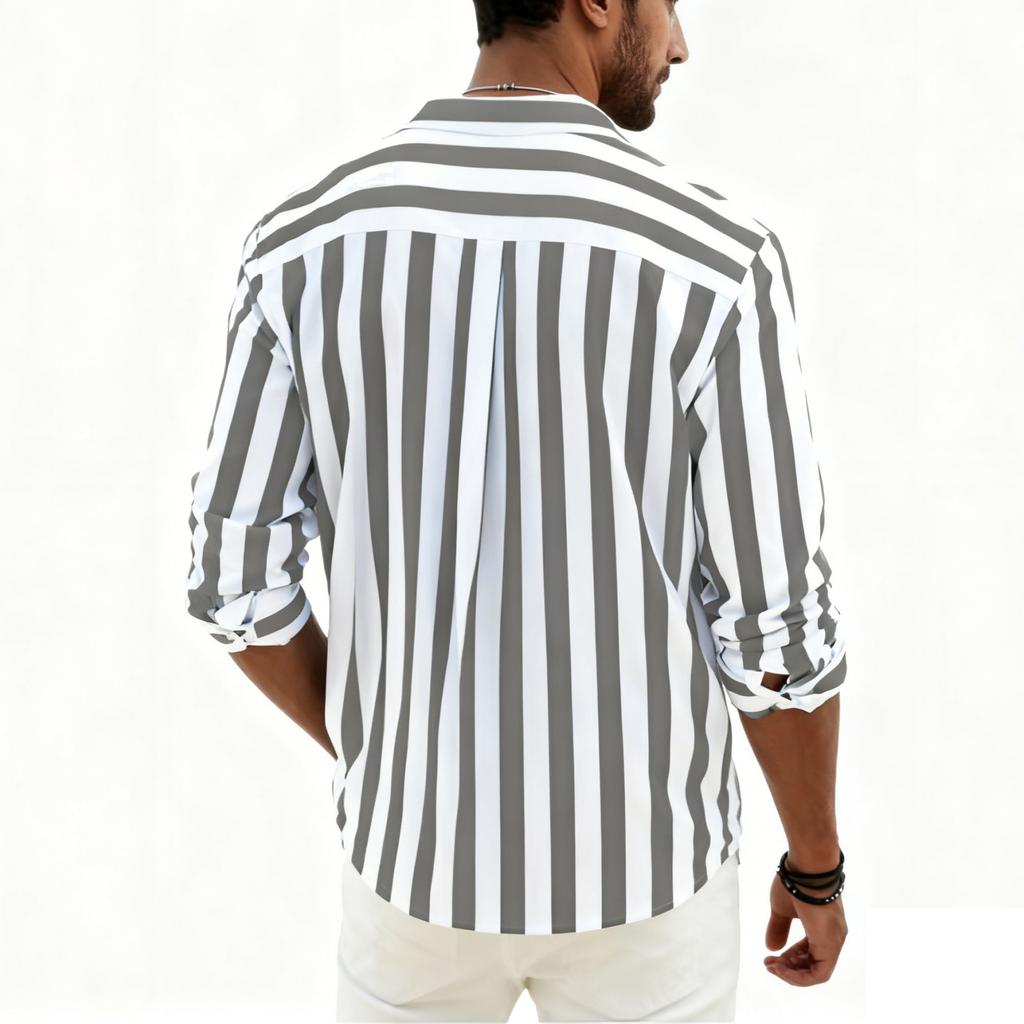 Men's Casual And Trendy Striped Shirt, Long-sleeved Top, Men's Lapel Button Cotton Shirt