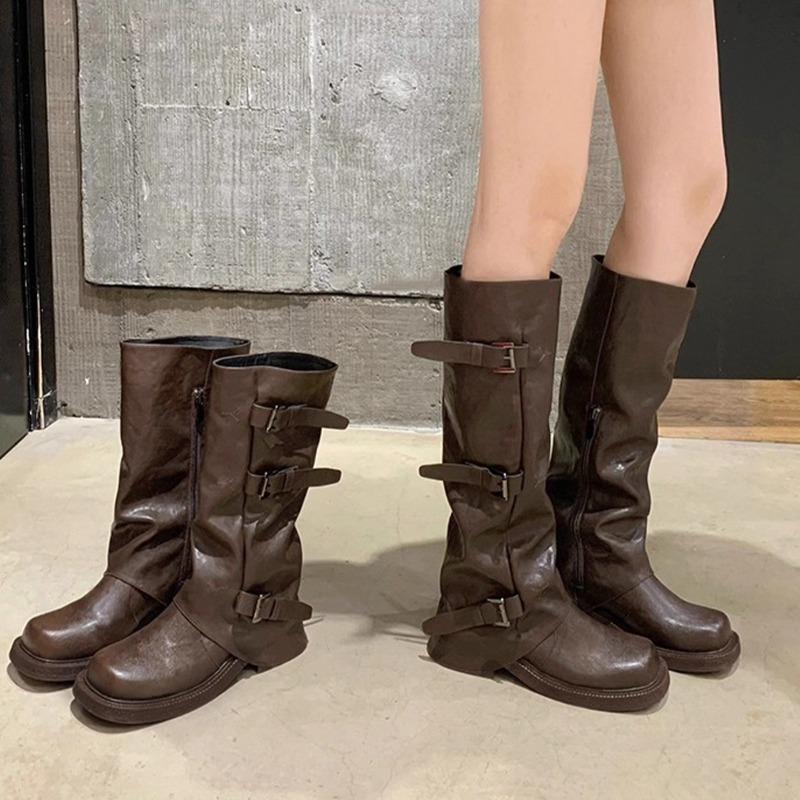 Cowhide version belt buckle Martin boots female knight leather boots thick-soled wasteland wind boots western cowboy boots