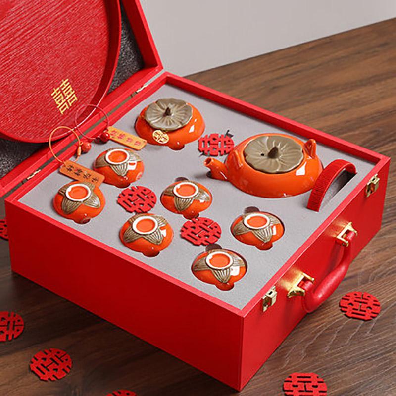 Household Double Happiness Tea Pot Set, Teacup Porcelain Kettle, Persimmon Canister, Red Wedding, Tea Storage Container