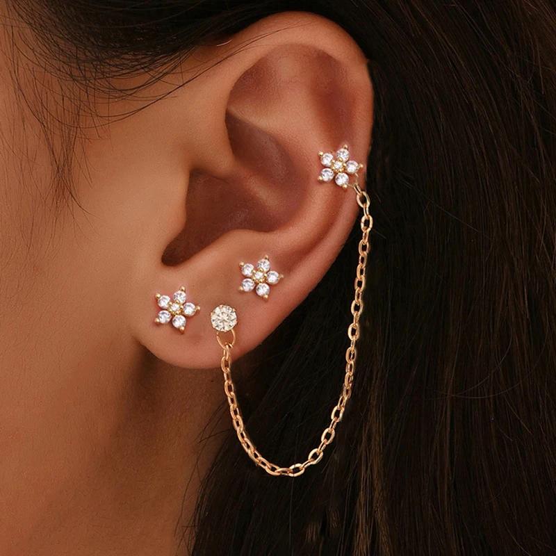 3PCS Fashion Stainless Steel Zircon Flower Stud Earrings Set for Women Double Hole Chain Helix Tragus Cartilage Piercing Jewelry