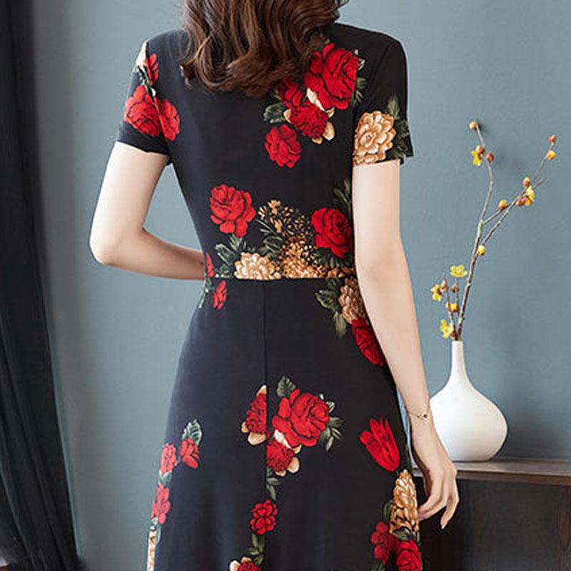 Elegant V-hals A-linje Slim Kjoler Stilig Vintage Blomstret Dameklær Casual Kortermet Sommer Trykt Knapp Midi Kjole