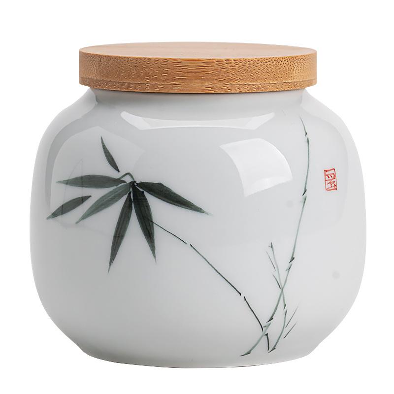 Hand-painted ink bamboo tea can, sealed jar, ceramic storage tea can, moisture-proof household Chinese high-end Pu'er green tea warehouse small