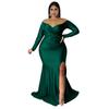 Plus Size Burgundy Off Shoulder Long Sleeve Ruched Split Mermaid Maxi Dress