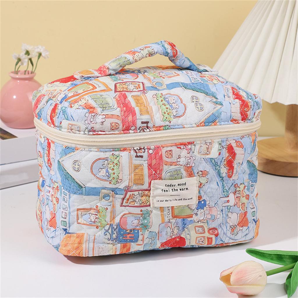 Floral Pattern Quilted Cotton Storage Bag Portable Handheld Organizer Pouch with Zipper Closure for Travel and Daily Use