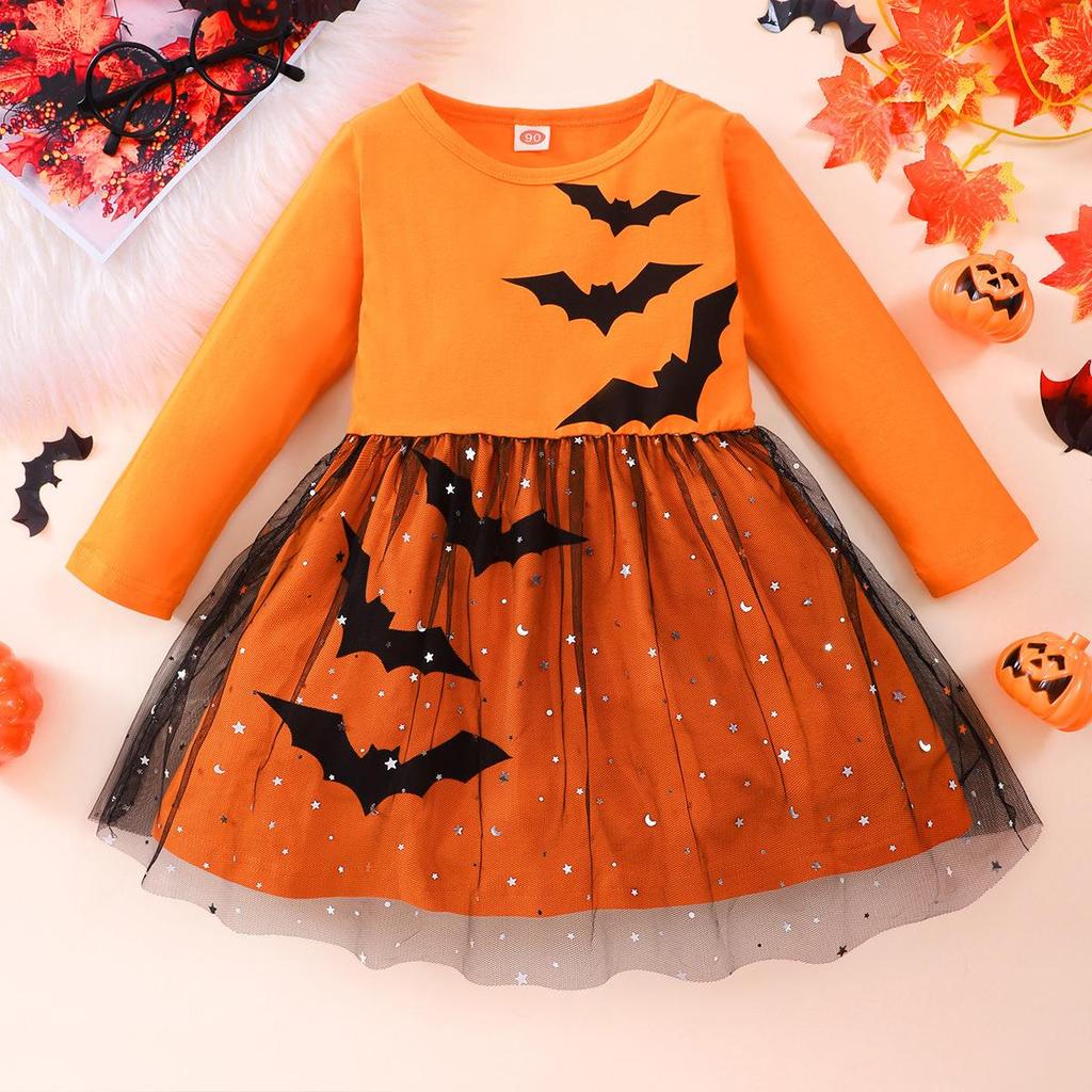 European and American Halloween Cosplay Batwing Mesh Dress for Girls - Autumn Long-Sleeve Style