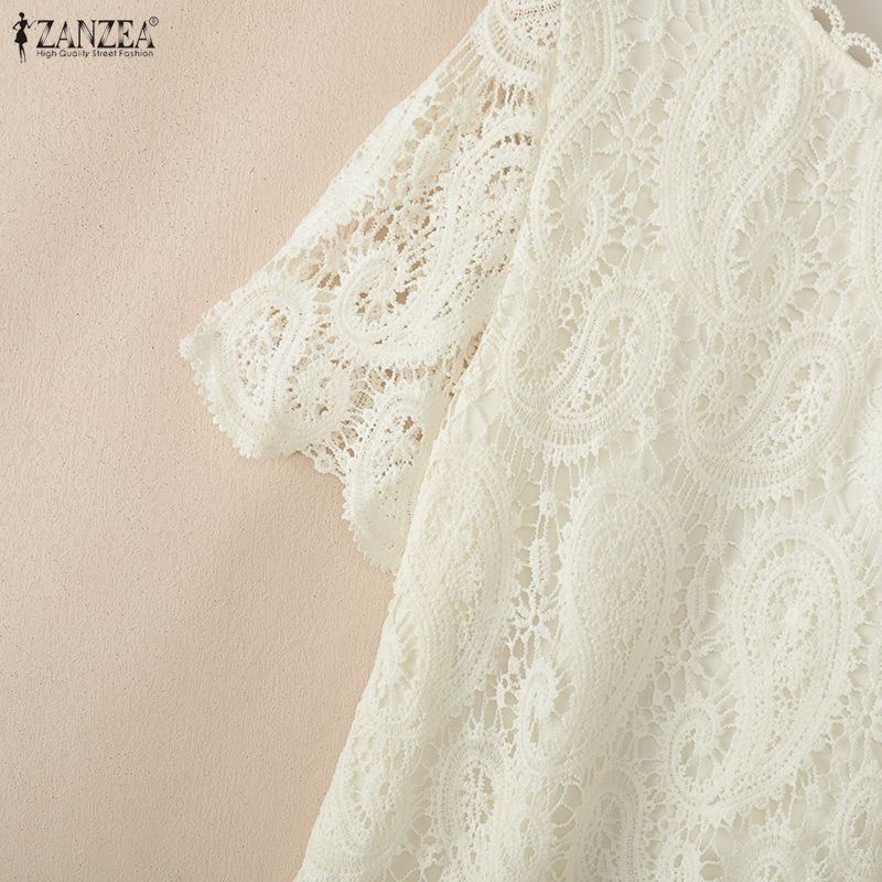 ZANZEA Vestido Casual de Mujer con Cuello Redondo y Manga Corta con Encaje Patchwork
