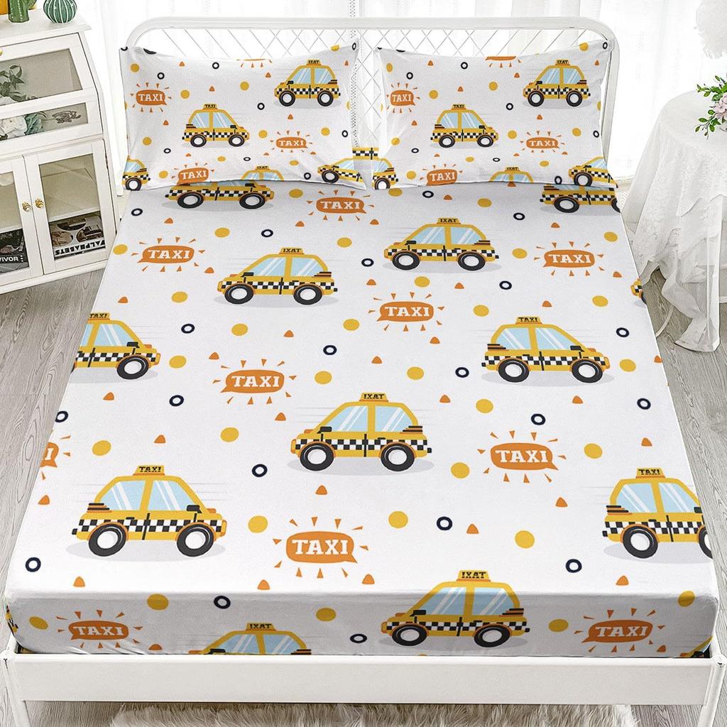 Cartoon Car Taxi Pattern Bed Hat Four-Piece Bedding Set Bedroom Dormitory Bedding Decoration