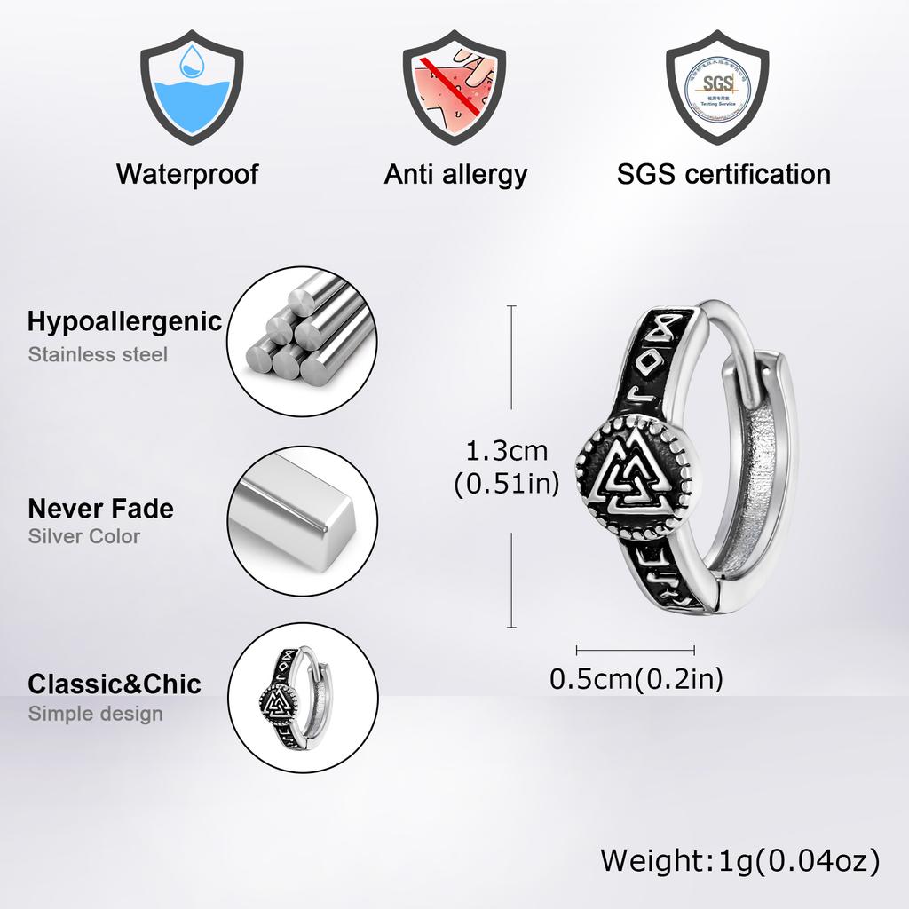 Viking Stainless Steel Hoop Earrings for Men,Vintage Totem Waterproof Metal Huggies Hoop Earrings,Piercing Jewelry Gift