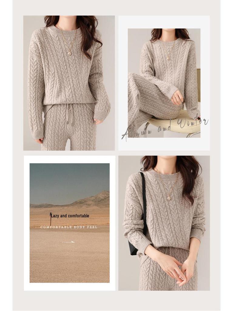Dámský 24 Podzim/Zima Korejský Volný Vlněný Komplet s Copánkovým Vzorem: Útulný set svetr s kulatým výstřihem a rovných kalhot
