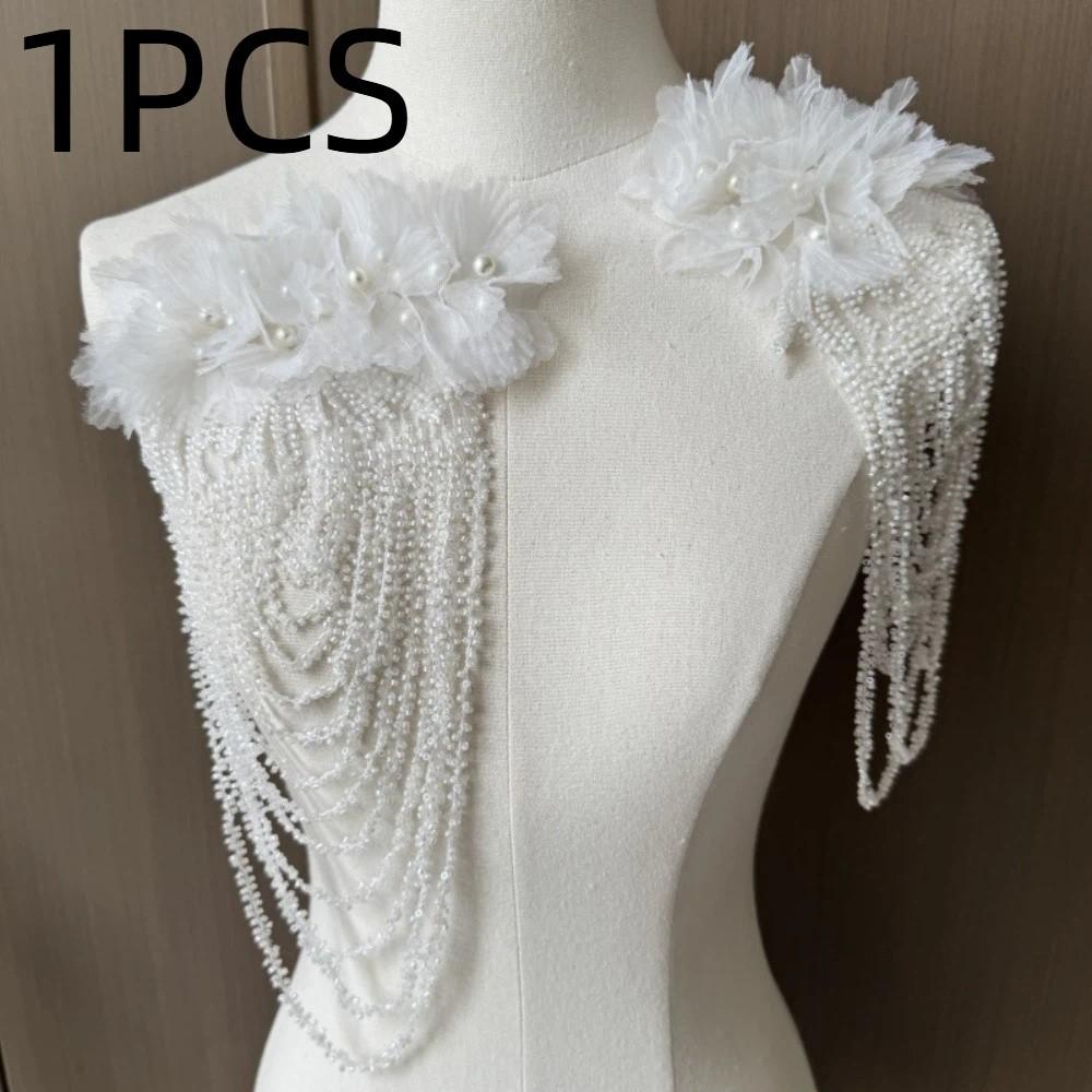 

1PC Fashion Hand-sewn Beads Flowers Black DIY DIY Patch Accessories Tassel Shoulders Decoration Wedding Dress Clothes белый