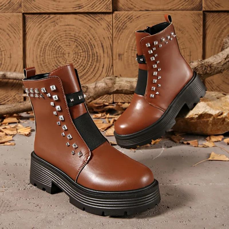 

Versatile Block Heel Booties Women s Round Toe Studded Zip Platform Anti-Slip Wear-Resistant Leather Shoes 42 коричневий