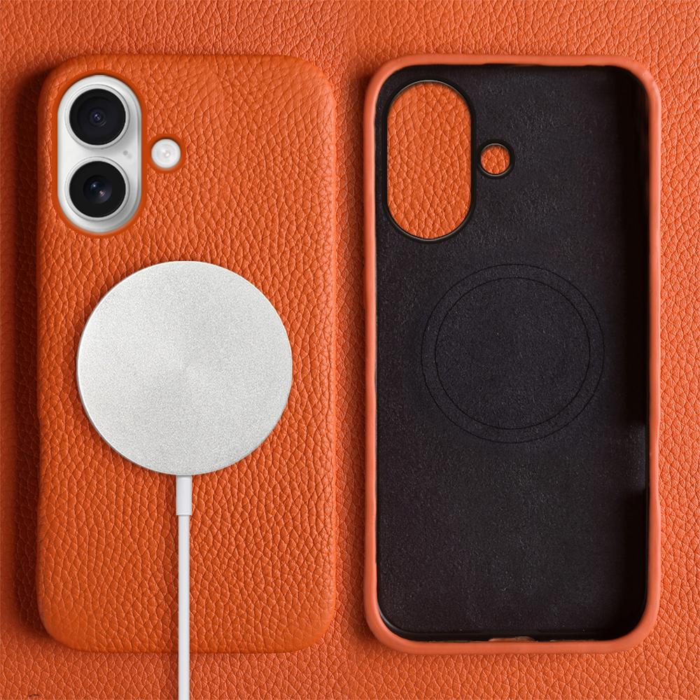 For iPhone 17 Case Compatible with MagSafe Litchi Texture Genuine Cow Leather + PC Phone Cover