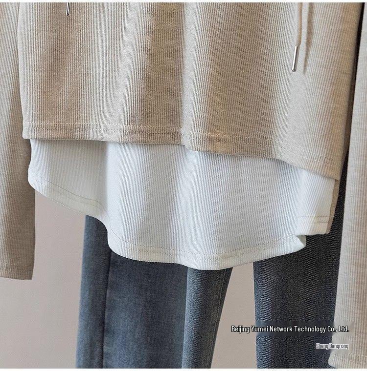 Plus Size Women's Autumn Hooded Sweatshirt, 2025 New Style, Slimming Irregular Two-Piece Design.