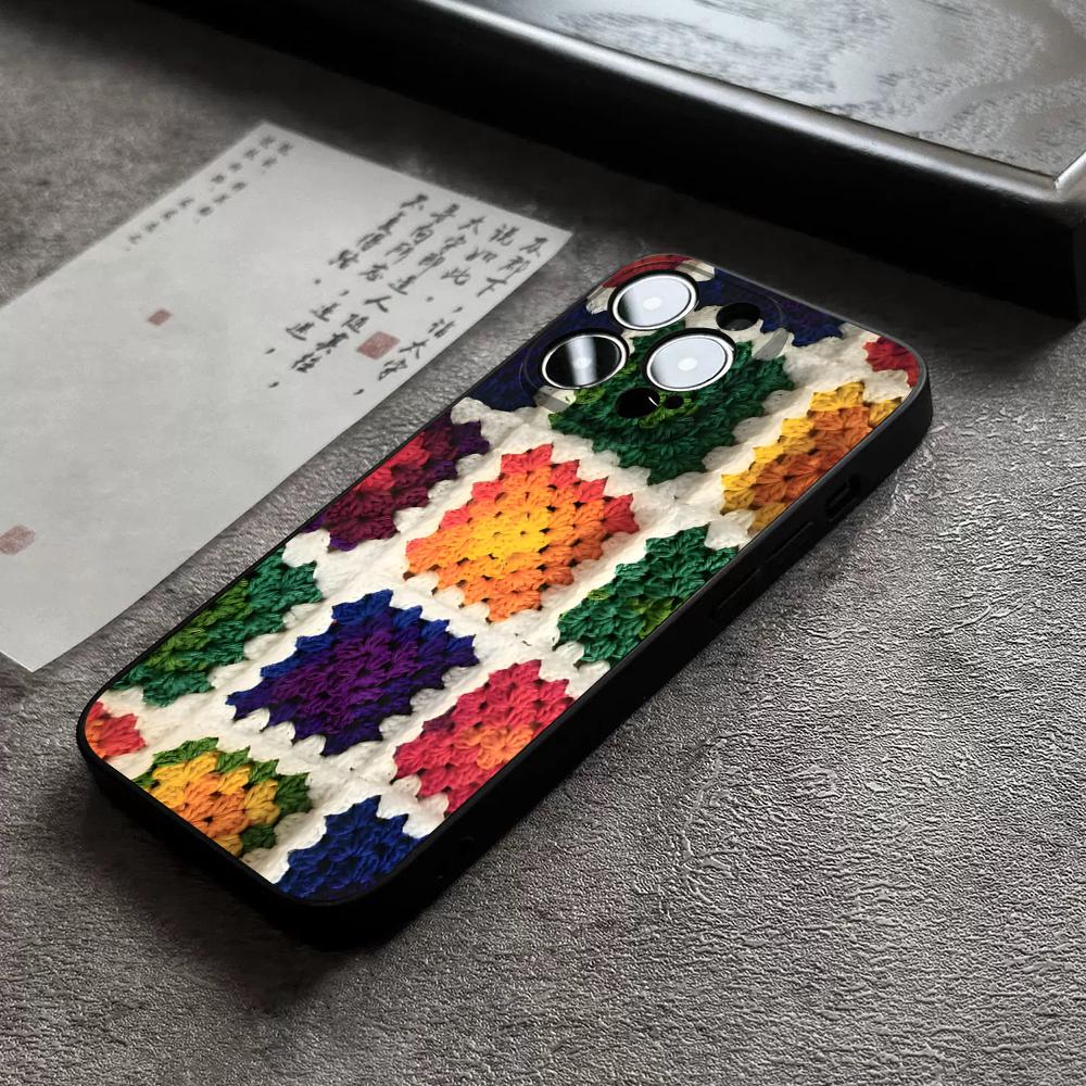 Granny Square Crochet Phone Case For 14 Pro Max For Apple Iphone 16 15 Po Max 12 Mini 11 13 Pro Xr X Xs 8 7 Plus Back Cover