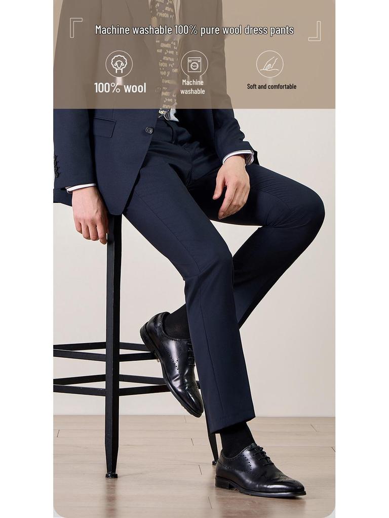 Men’s Machine Washable 100% Wool Dress Pants - Formal Straight-Leg Suit Trousers