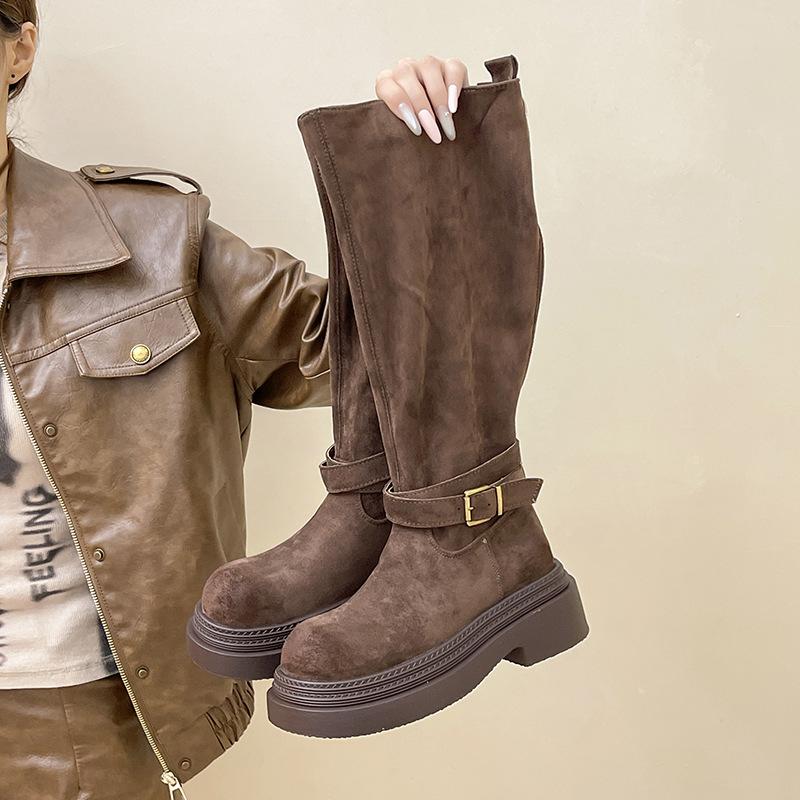 

Piaohong retro suede round head thick heel thick-soled boots women s 2025 autumn and winter new belt buckle versatile knight boots 40 коричневый