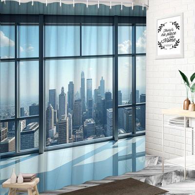 1pc Urban Cityscape Shower Curtain - High-Rise Buildings & Clear Sky, 70.8x70.8", 12 Hooks, Polyester, Washable & Durable