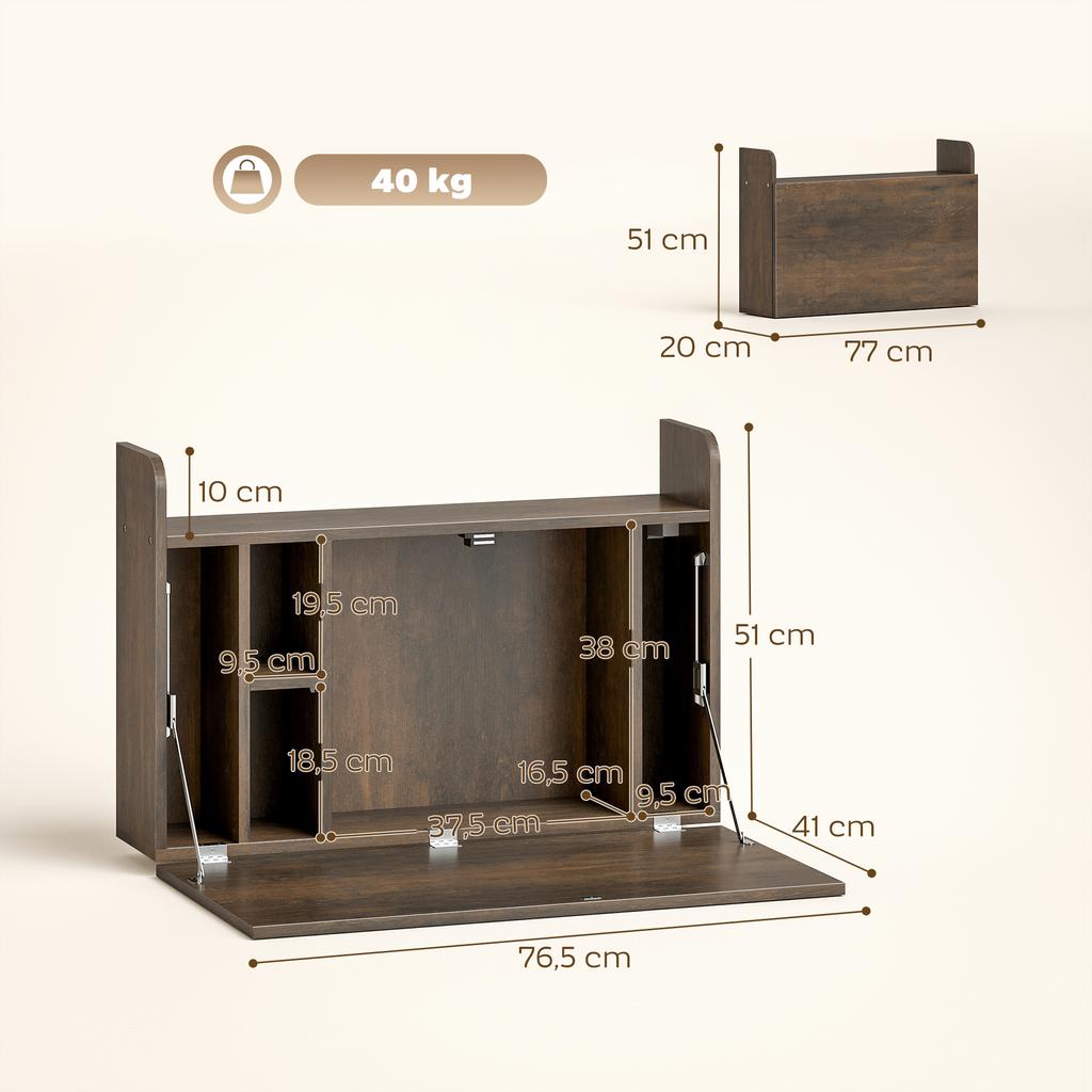 Wall-Mounted Desk, Computer Table, Fold-Down Shelf with Storage, 77 x 20 x 51 cm
