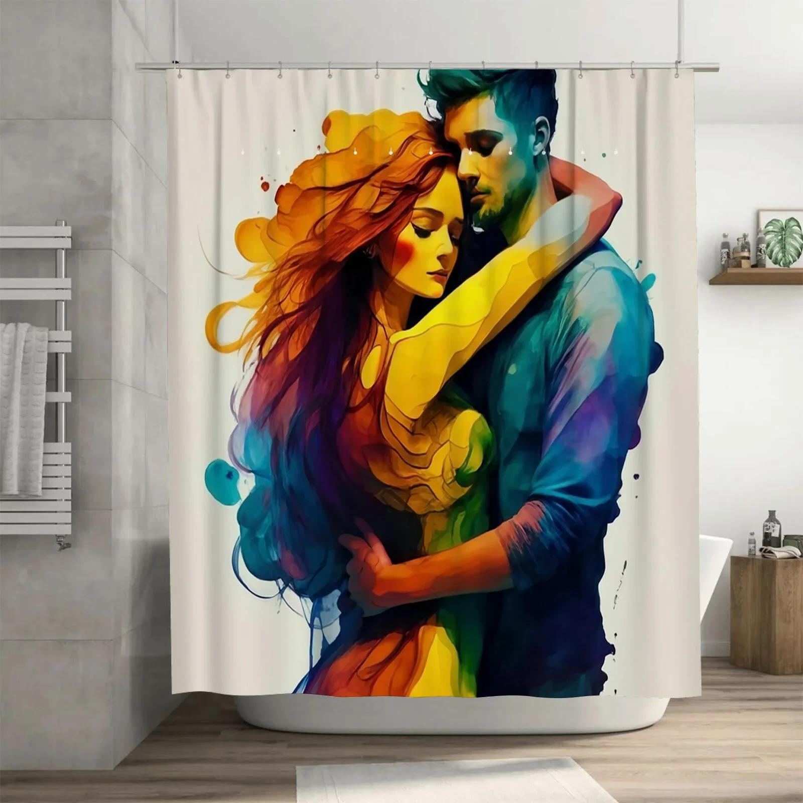 

Colorful Romantic Couple Artistic Waterproof Shower Curtain For Bathroom Decor, High-Quality Material And Easy To Clean W60H190(CM)-1 Pcs