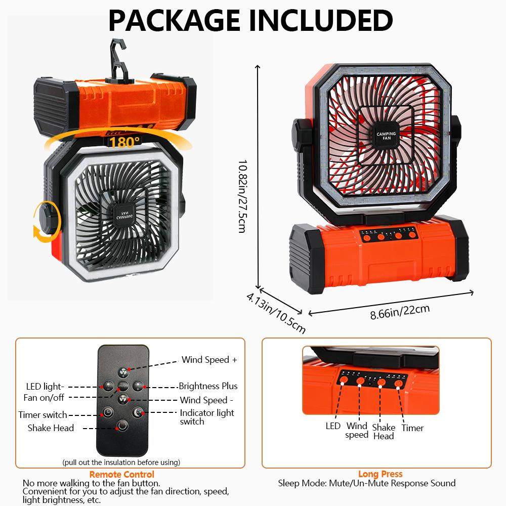 Camping Fan 20000mAh Battery Powered Fan Rechargeable 4 Speeds with LED Lantern - Hanging Portable Outdoor Cold Fan Tent Fans