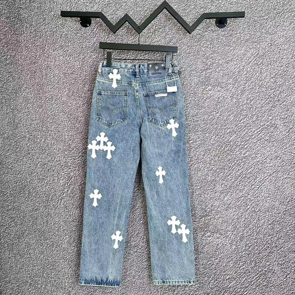 9912 CHROME HEARTS Men's and Women's American Style Trendy Jeans with Fabric Patches, Holes, Embroidery, Casual and Fashionable High Street Pants